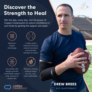 Copper Compression Full Leg Sleeve, the Drew Brees panel, captioned discover the strength to heal, with his signature