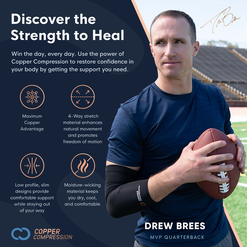 Copper Compression Full Leg Sleeve, the Drew Brees panel, captioned discover the strength to heal, with his signature