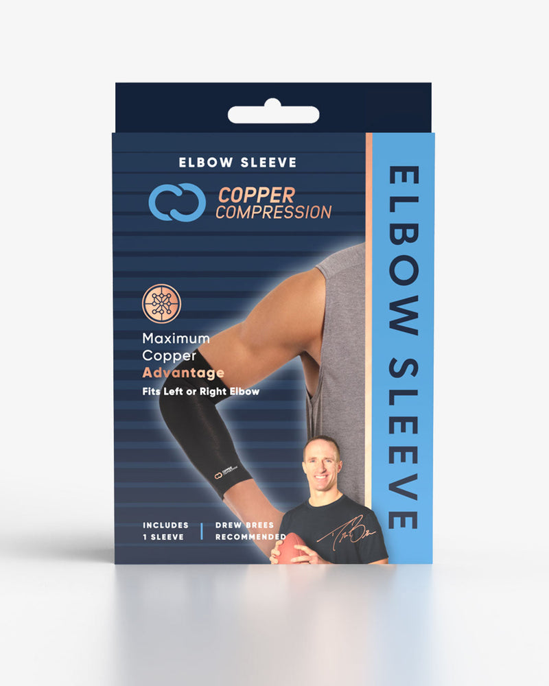 Copper Compression Elbow Sleeve, the retail box for the elbow sleeve, with Drew Brees on the front