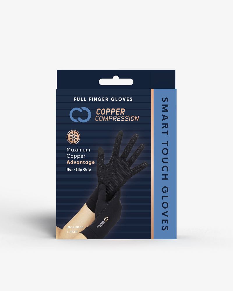 Copper Compression Full Finger Gloves, the retail pack, labelled full finger gloves and smart touch gloves