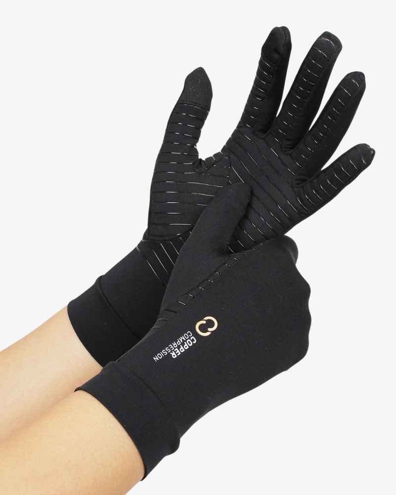 Copper Compression Full Finger Gloves, the black full finger gloves worn on a pair of hands