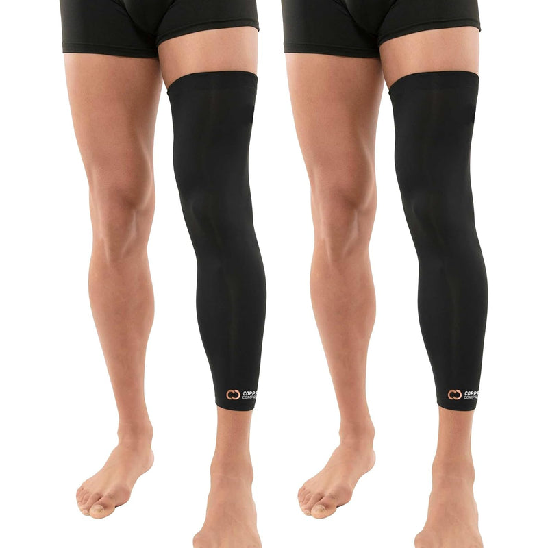 Copper Compression Full Leg Sleeve, two black full leg sleeves worn on both legs