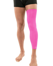 Copper Compression Full Leg Sleeve, the pink full leg sleeve on a leg against a white background