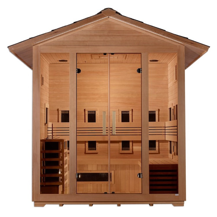 Golden Designs "Gargellen" 5 Person Hybrid (PureTech™ Full Spectrum IR or Traditional Stove) Outdoor Sauna -  Canadian Hemlock