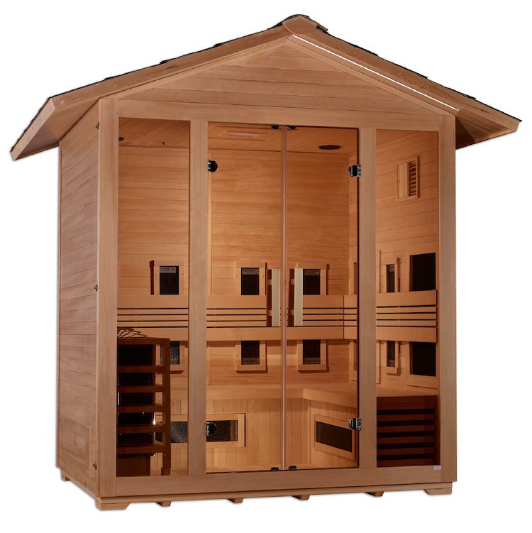 Golden Designs "Gargellen" 5 Person Hybrid (PureTech™ Full Spectrum IR or Traditional Stove) Outdoor Sauna -  Canadian Hemlock