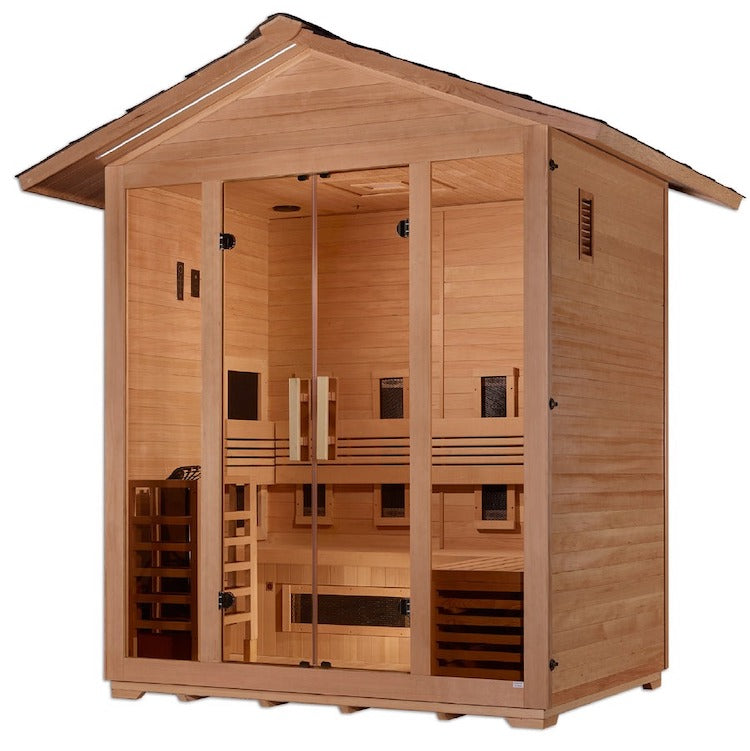Golden Designs "Gargellen" 5 Person Hybrid (PureTech™ Full Spectrum IR or Traditional Stove) Outdoor Sauna -  Canadian Hemlock