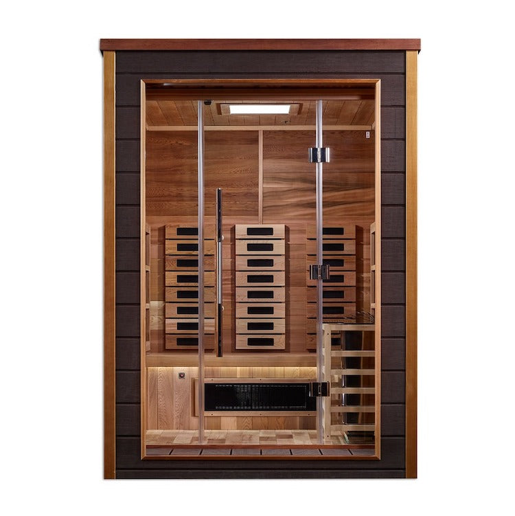 Golden Designs Nora 2 Person Hybrid (PureTech™ Full Spectrum IR or Traditional Stove) Outdoor Sauna - Canadian Red Cedar Interior