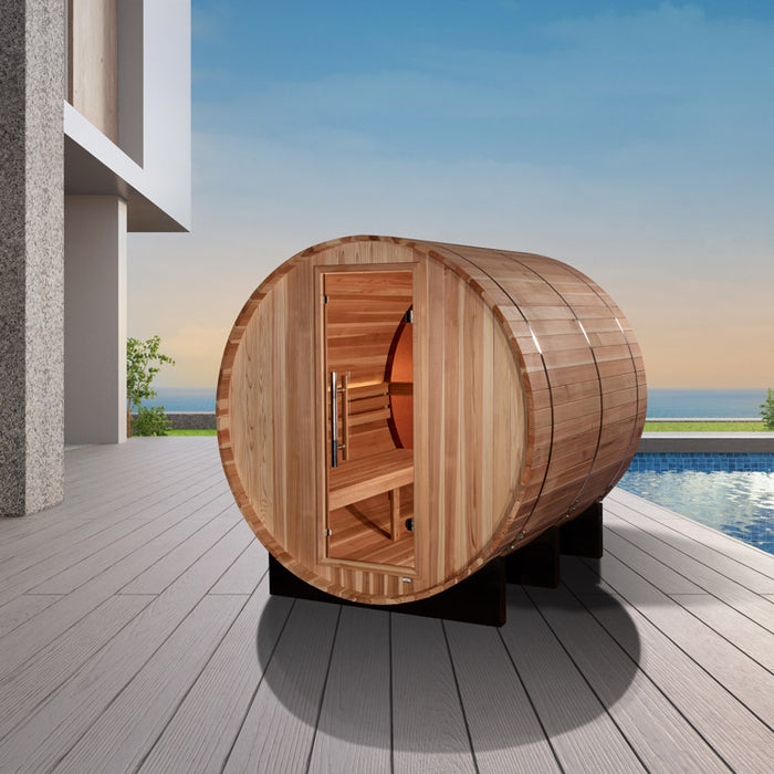 Golden Designs "Zurich" 4 Person Barrel with Bronze Privacy View - Traditional Steam Sauna -  Pacific Cedar