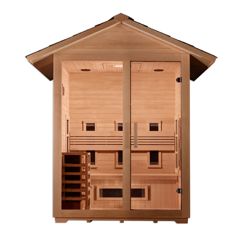 Golden Designs "Carinthia" 3 Person Hybrid (PureTech™ Full Spectrum IR or Traditional Stove) Outdoor Sauna -  Canadian Hemlock
