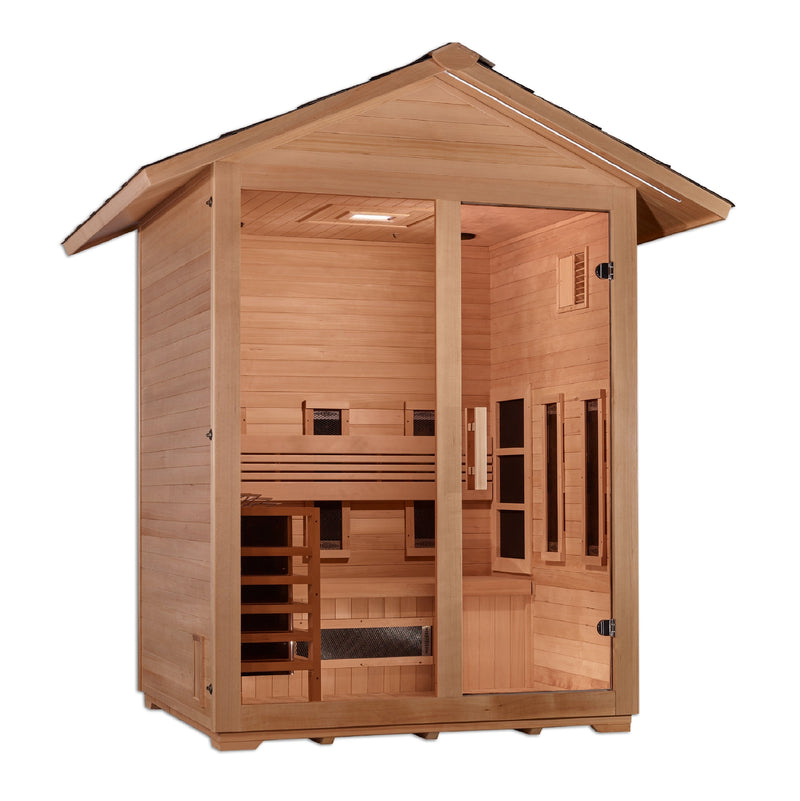 Golden Designs "Carinthia" 3 Person Hybrid (PureTech™ Full Spectrum IR or Traditional Stove) Outdoor Sauna -  Canadian Hemlock