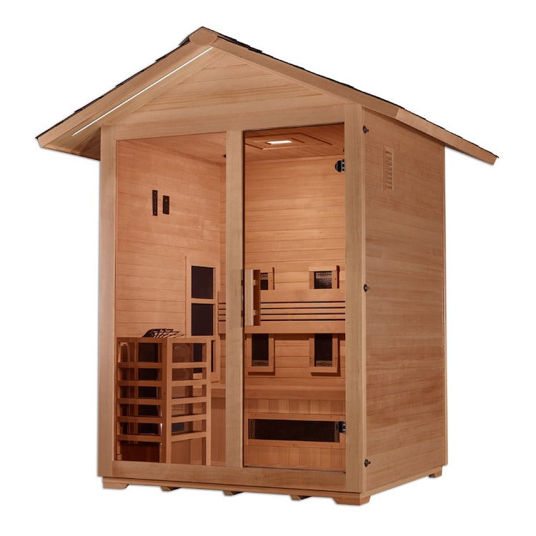 Golden Designs "Carinthia" 3 Person Hybrid (PureTech™ Full Spectrum IR or Traditional Stove) Outdoor Sauna -  Canadian Hemlock