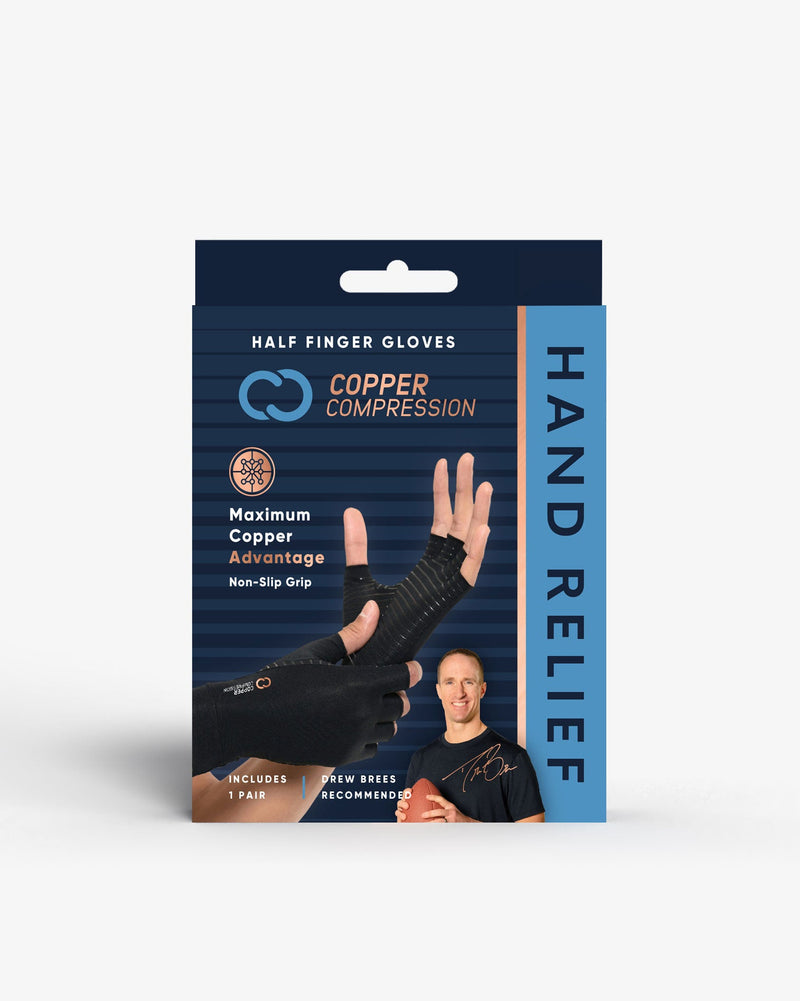 Copper Compression Half Finger Gloves, the grey gloves worn on a pair of hands