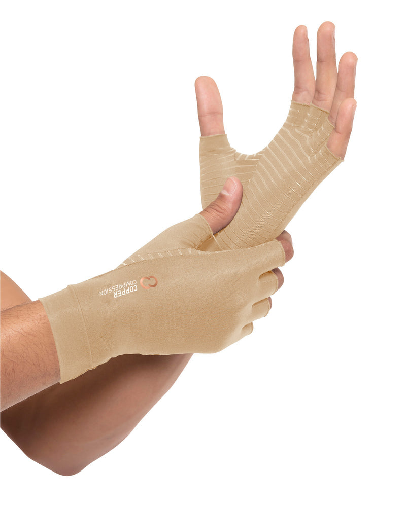 Copper Compression Half Finger Gloves, the nude gloves on a pair of hands with the other colours shown beside them