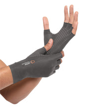 Copper Compression Half Finger Gloves, the steel grey gloves on a pair of hands with the other colours shown beside them