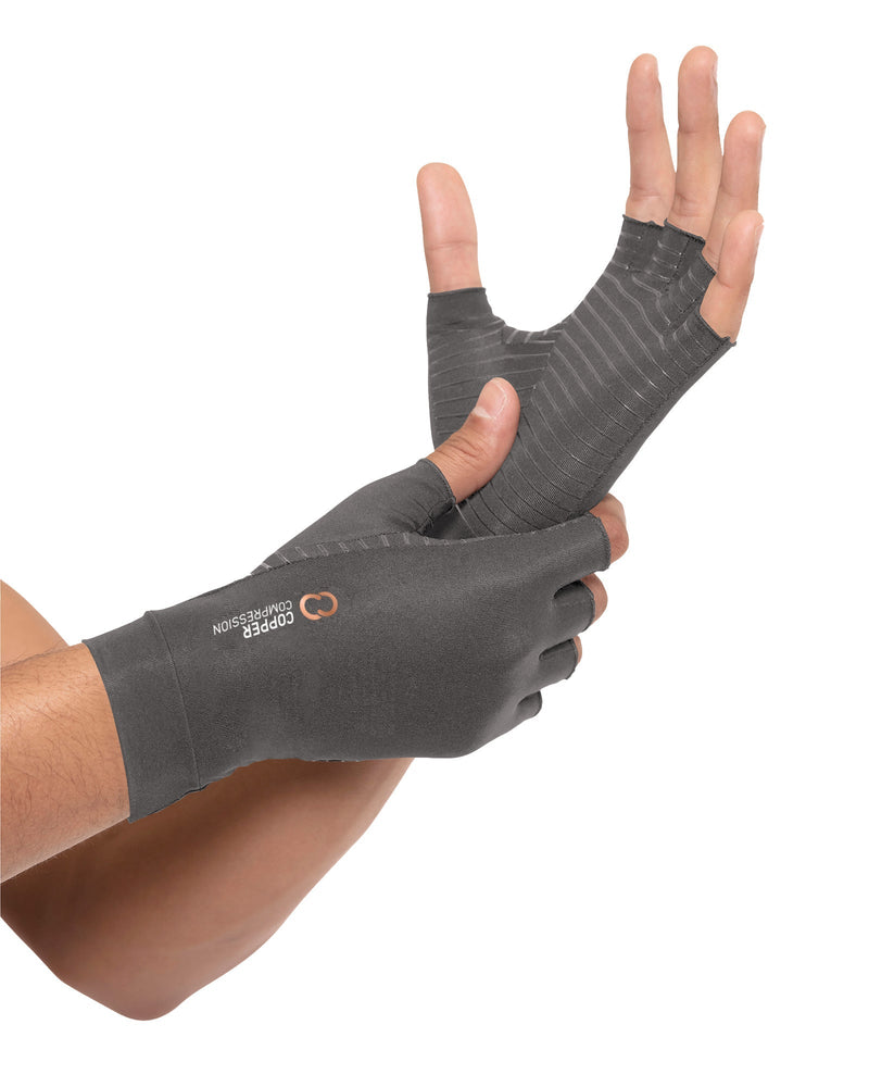 Copper Compression Half Finger Gloves, the steel grey gloves on a pair of hands with the other colours shown beside them