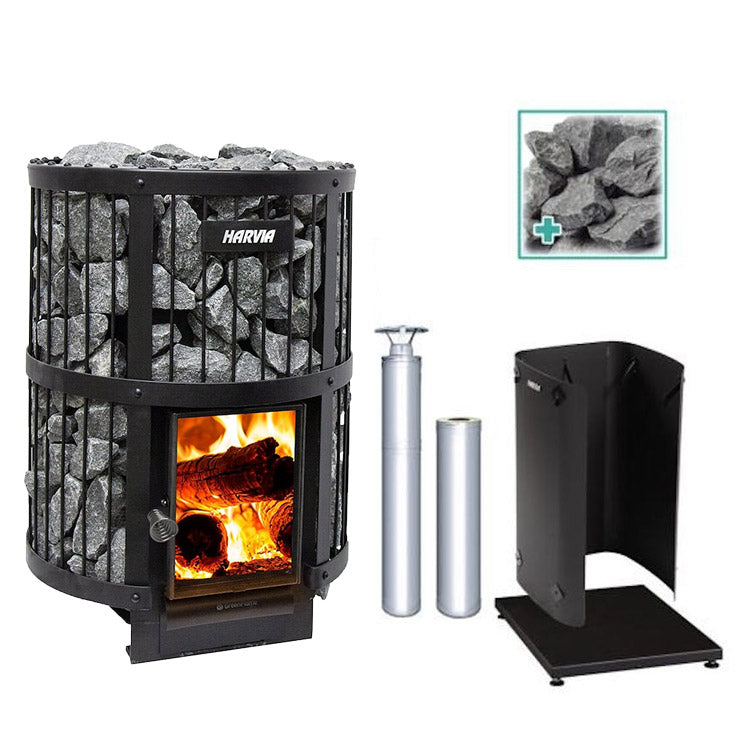 Harvia Legend 240 GreenFlame 15.9kW Wood Burning Stove Package w/ Chimney Kit, Rock Cage, Protective Bedding, Sheath, Stones