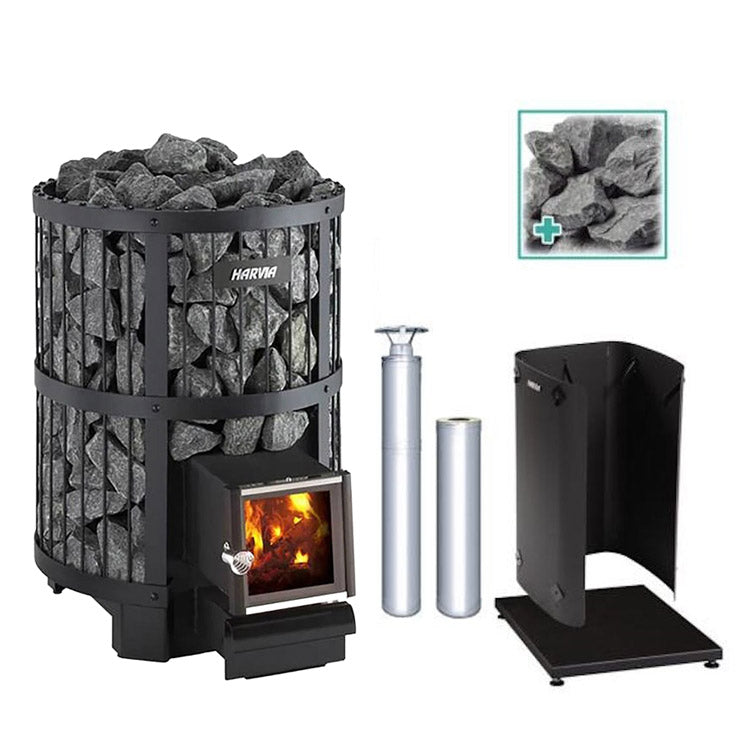 Harvia Legend 240 21kW Wood Burning Stove Package w/ Chimney Kit, Rock Cage, Protective Bedding, Sheath, Stones