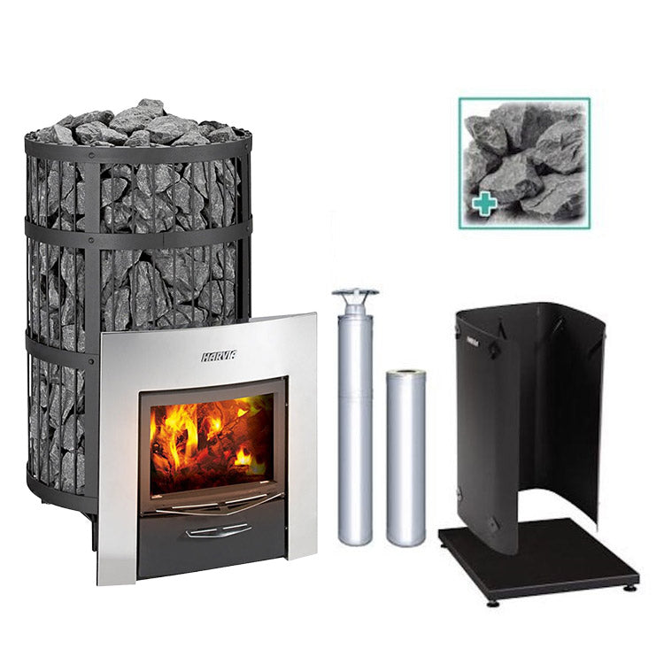 Harvia Legend 300 Duo 23.5kW Wood Burning Stove Package w/ Chimney Kit, Rock Cage, Protective Bedding, Protective Sheath, Stones