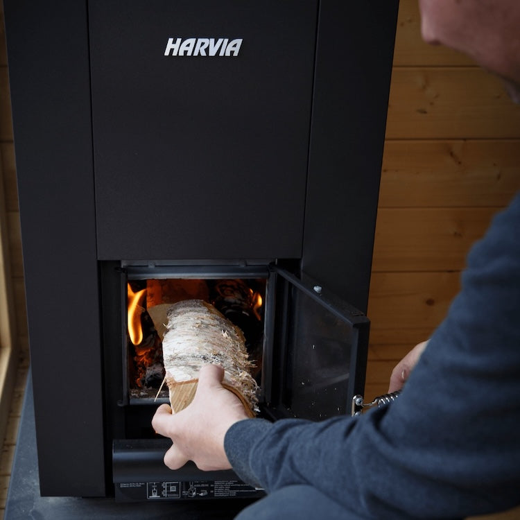 Harvia Linear 28 22kW Wood Burning Stove Package w/ Chimney Kit, Protective Bedding, Stones
