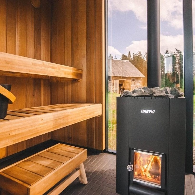 Harvia Linear 28 22kW Wood Burning Stove Package w/ Chimney Kit, Protective Bedding, Stones