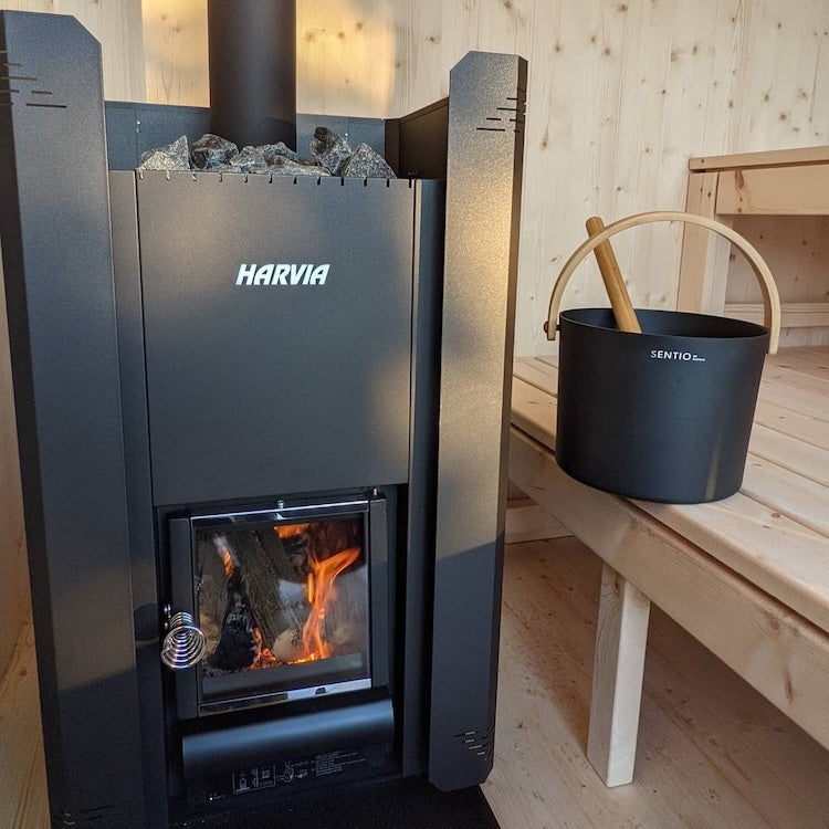 Harvia Linear 28 22kW Wood Burning Stove Package w/ Chimney Kit, Protective Bedding, Stones