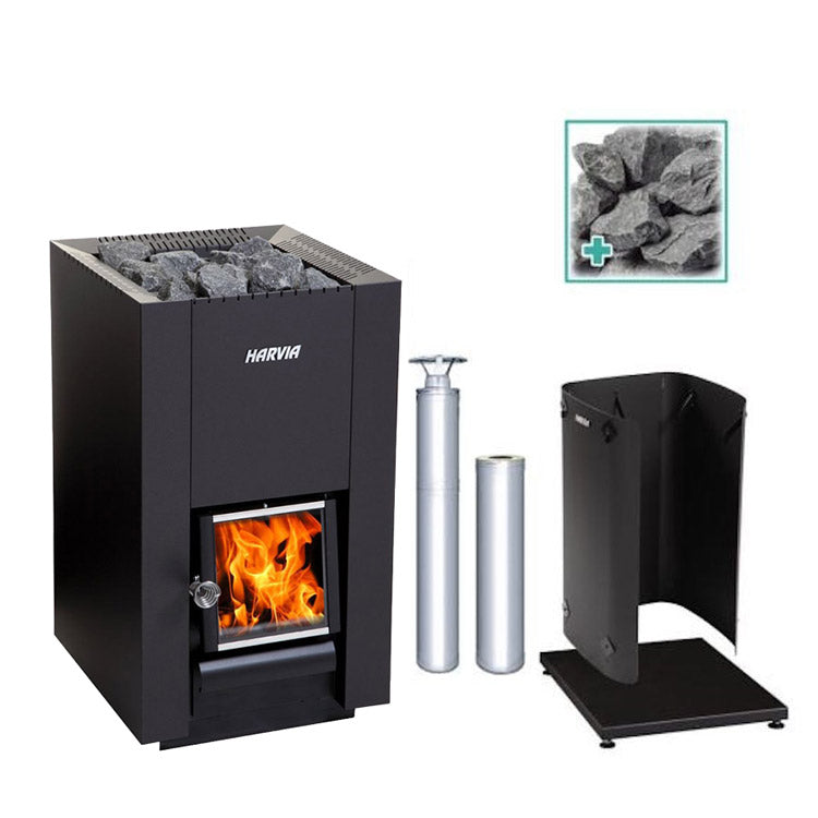 Harvia Linear 28 22kW Wood Burning Stove Package w/ Chimney Kit, Protective Bedding, Stones