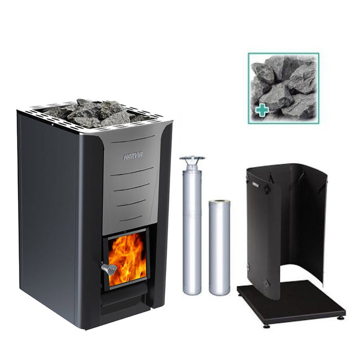 Harvia PRO 26 26kW Wood Burning Stove Package w/ Chimney Kit, Protective Bedding, Sheath, Stones