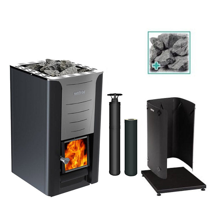 Harvia PRO 26 26kW Wood Burning Stove Package w/ Chimney Kit, Protective Bedding, Sheath, Stones