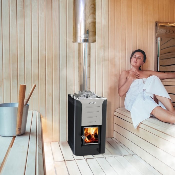 Harvia PRO 36 31kW Wood Burning Stove Package w/ Chimney Kit, Protective Bedding, Sheath, Stones