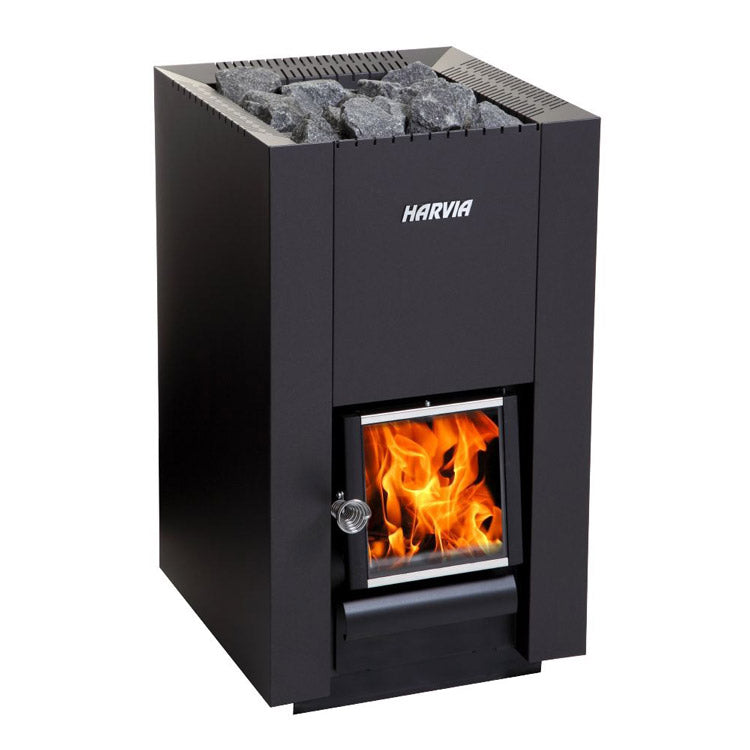 Harvia Linear 28 22kW Wood Burning Stove Package w/ Chimney Kit, Protective Bedding, Stones