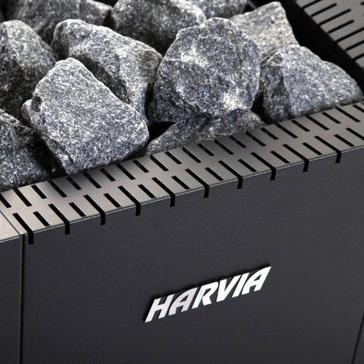 Harvia Linear 28 22kW Wood Burning Stove Package w/ Chimney Kit, Protective Bedding, Stones