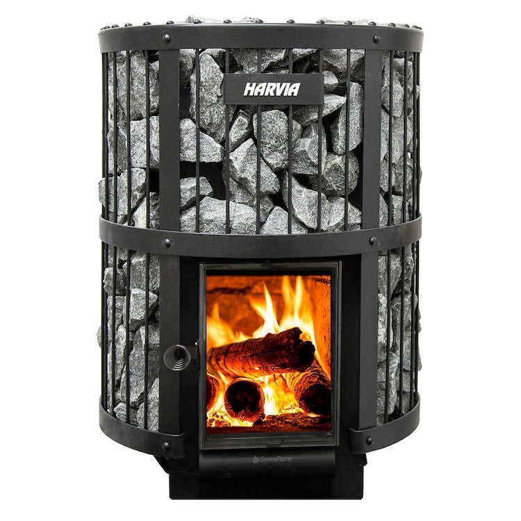 Harvia Legend 240 GreenFlame 15.9kW Wood Burning Stove Package w/ Chimney Kit, Rock Cage, Protective Bedding, Sheath, Stones
