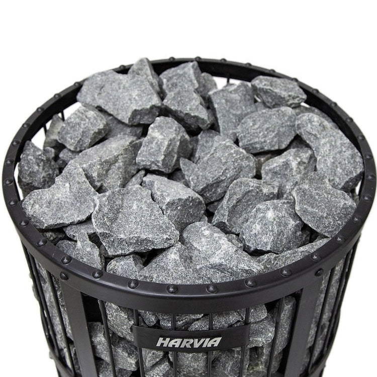 Harvia Legend 240 GreenFlame 15.9kW Wood Burning Stove Package w/ Chimney Kit, Rock Cage, Protective Bedding, Sheath, Stones