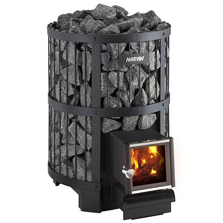 Harvia Legend 240 21kW Wood Burning Stove Package w/ Chimney Kit, Rock Cage, Protective Bedding, Sheath, Stones