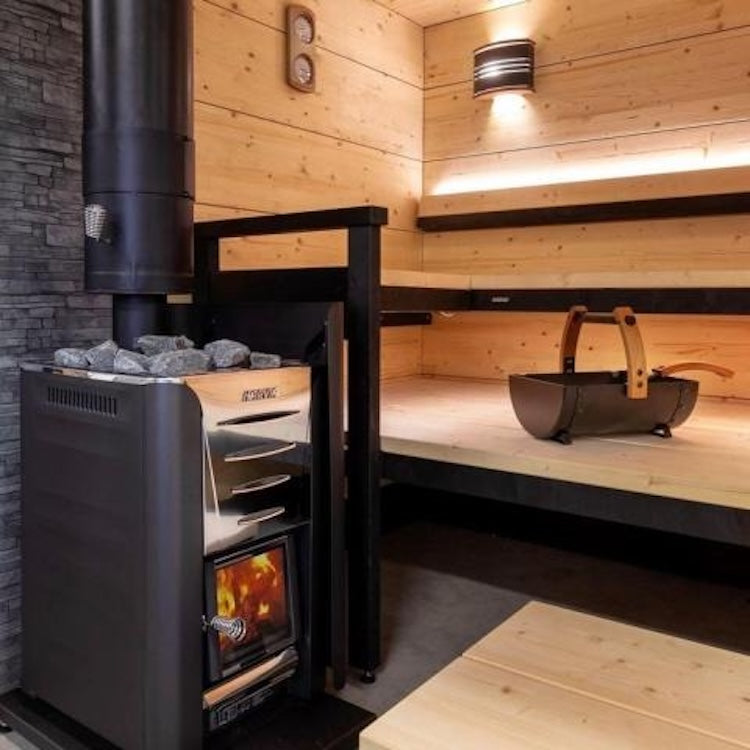 Harvia PRO 26 26kW Wood Burning Stove Package w/ Chimney Kit, Protective Bedding, Sheath, Stones