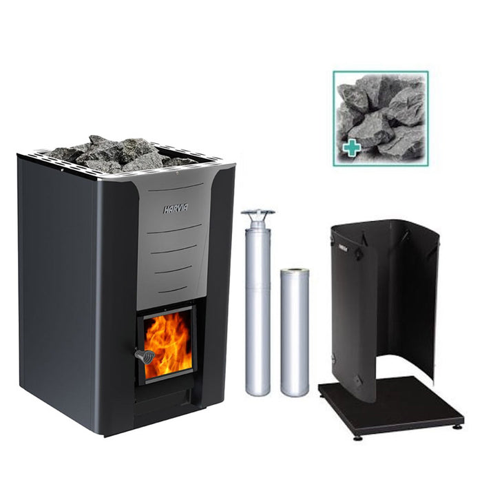Harvia PRO 36 31kW Wood Burning Stove Package w/ Chimney Kit, Protective Bedding, Sheath, Stones
