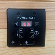 Homecraft WiFi touchpad control mounted on a wood wall