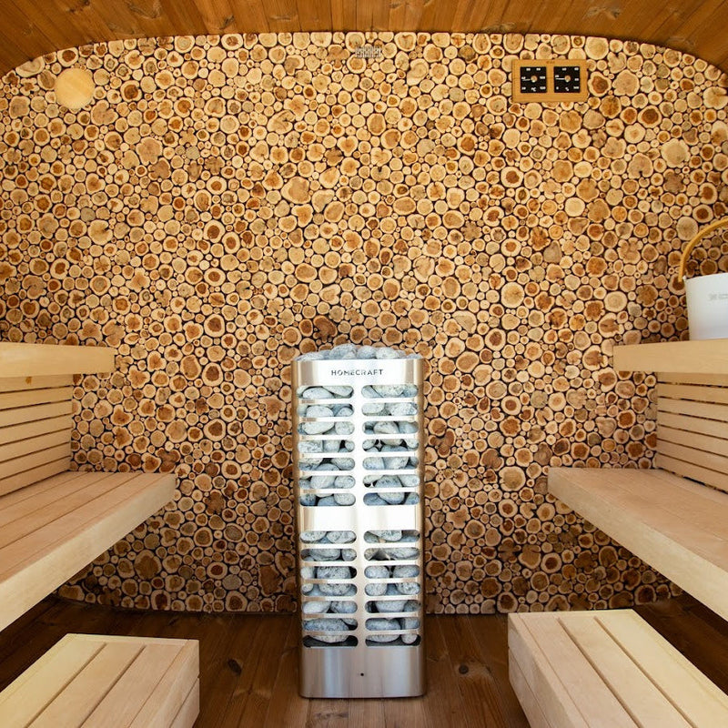 Homecraft Revive sauna heater lit up between two sauna benches