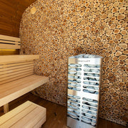 Homecraft Revive sauna heater at the back of a log-walled sauna