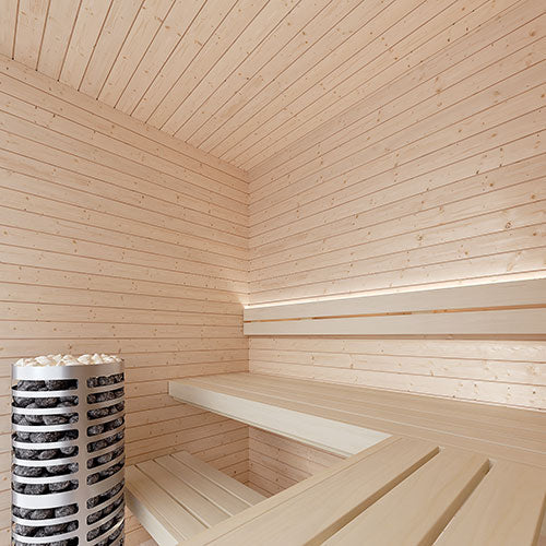 SaunaLife HOME Series kit, interior of the 5 x 6 ft room in Spruce, with benches