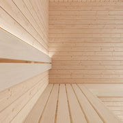 SaunaLife HOME Series kit, bench corner lit by an LED strip