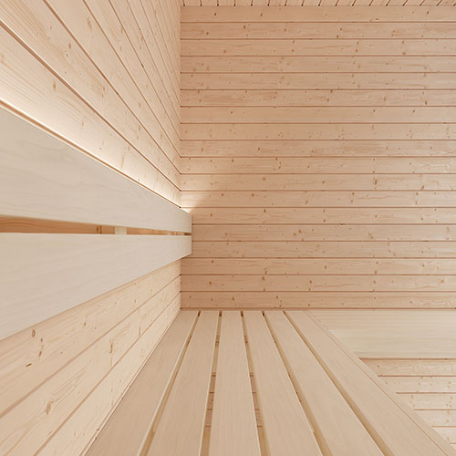 SaunaLife HOME Series kit, bench corner lit by an LED strip