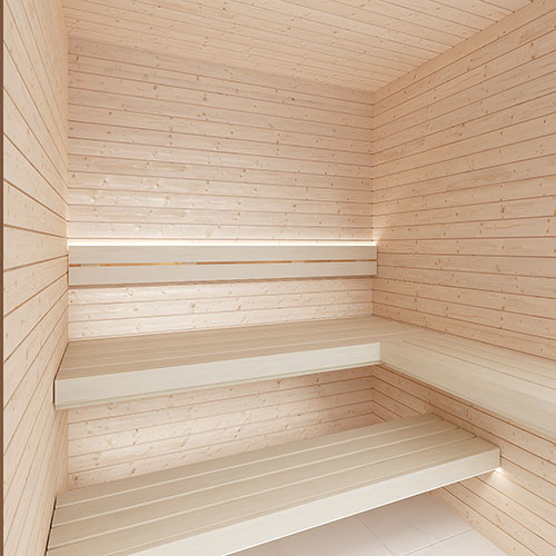 SaunaLife HOME Series kit, two bench tiers with LED lighting in Spruce