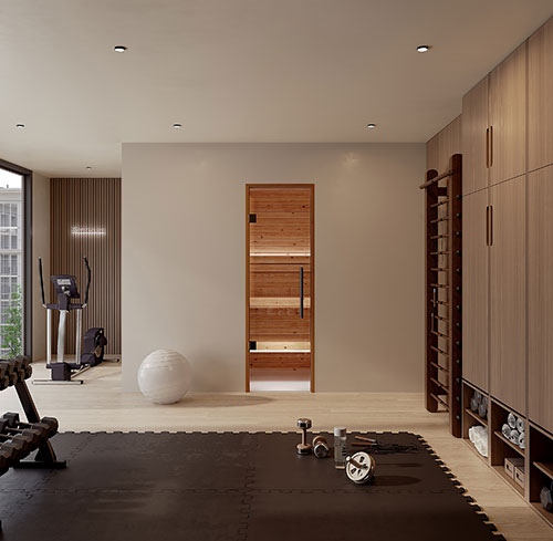 SaunaLife HOME Series kit, Knotty Cedar sauna set into a home gym