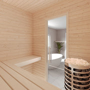SaunaLife HOME Series kit, glass door and bench in Spruce