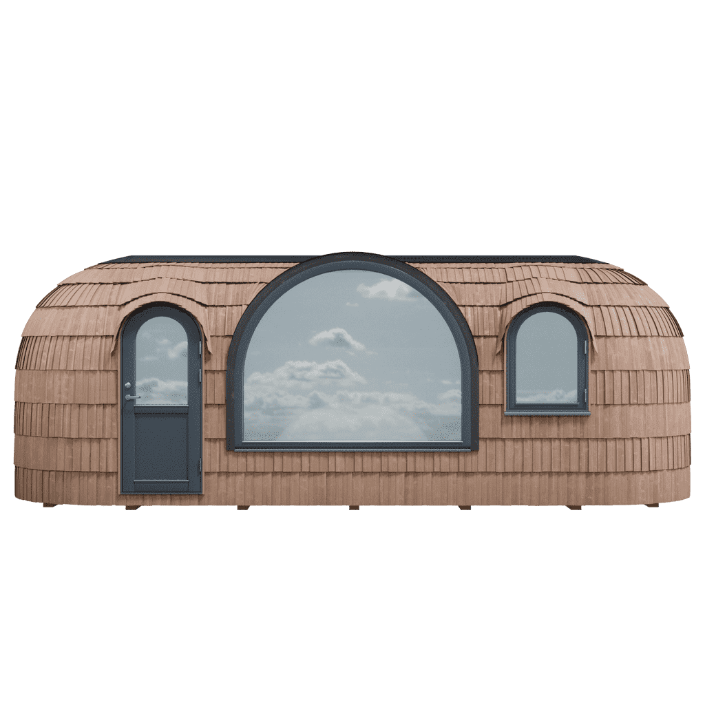 Iglucraft Panoramic Iglusauna in Chestnut finish — front view showing the arched door, large arched panoramic window, and small side window set into triple-layered spruce shingles