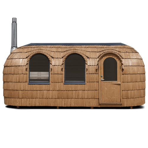 Iglucraft Triple Iglusauna in Chestnut finish — elongated front view showing two arched windows and an arched door set into triple-layered spruce shingles, with the stainless steel chimney for the wood-fired stove rising from the roof, spanning 19 feet wide