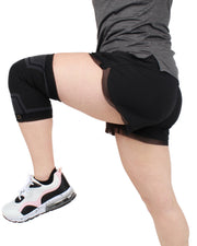 Copper Compression PowerKnit Knee Sleeve, a person in shorts and trainers with one leg raised, wearing the sleeve