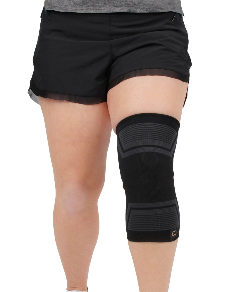 Copper Compression PowerKnit Knee Sleeve, the PowerKnit knee sleeve on a leg, seen from the front