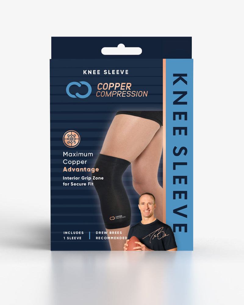 Copper Compression Knee Sleeve, the retail box, navy and white, with Drew Brees on the front